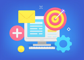 Computer desktop with open information file with machine mechanism, target aim, new email envelope