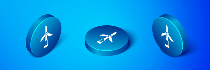 Isometric Wind turbine icon isolated on blue background. Wind generator sign. Windmill for electric power production. Blue circle button. Vector