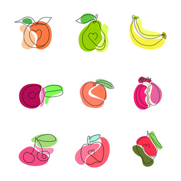 Set of fruits drawing one line with color spots. Modern abstract flat illustration.