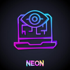 Glowing neon line Computer vision icon isolated on black background. Technical vision, eye circuit, video surveillance system, augmented reality systems. Vector