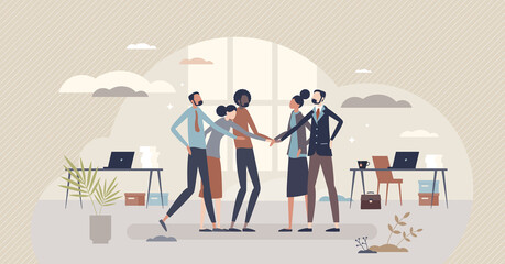 Company culture ideology and multicultural business values tiny person concept. Professional work goals, attitudes and practices vector illustration. Multiracial job community and unity principles. - obrazy, fototapety, plakaty