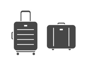 Travel luggage bags icon vector or baggage suitcases pictograms isolated, handbag cases symbol tag for airport claim, tourism trolley briefcase black gray clipart illustration set on white background