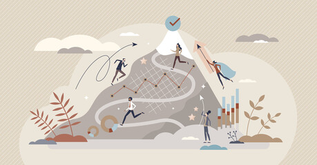 Career development and effective professional progress tiny person concept. Confidence and determination strategy for job raise and top reaching vector illustration. Businessman improvement and growth