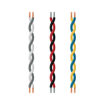 Twisted paired electrical wires. A wire is an electrical product that serves to connect an electric current source with a consumer, components of an electrical circuit. Vector illustration.