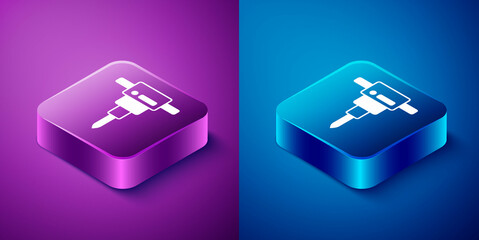 Isometric Construction jackhammer icon isolated on blue and purple background. Square button. Vector