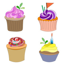set of bright festive cupcakes, confectionery, pastries and cakes. collection of vector illustrations of food, isolated on white background, hand-drawn, for individual design and printing.