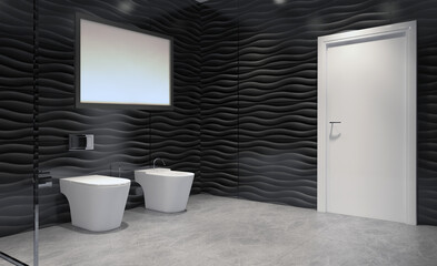 Fototapeta na wymiar Clean and fresh bathroom with natural light. 3D rendering.. Blank paintings. Mockup.