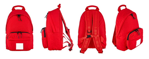 Set of four angles of a red backpack made of water-repellent polymer fabric, with a zipper, with an external patch pocket, isolated on a white background. - obrazy, fototapety, plakaty