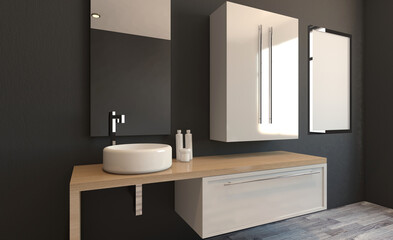 Spacious bathroom in gray tones with heated floors, freestanding tub. 3D rendering.. Mockup.   Empty paintings