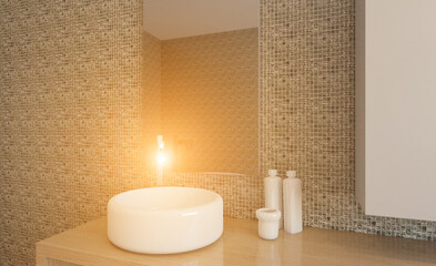 Obraz na płótnie Canvas Clean and fresh bathroom with natural light. 3D rendering.. Sunset.