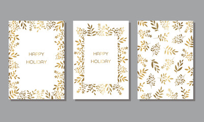 Fototapeta na wymiar Christmas card template set, Decorated frame, Gold leaves illustration on White background