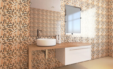 Scandinavian bathroom, classic  vintage interior design. 3D rendering.. Mockup.   Empty paintings