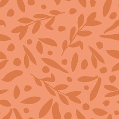 Orange botany leaves and dots seamless repeat pattern. Random placed, vector spots with leaf plants all over surface print.