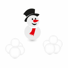 Snowman illustration.Funny cute snowman character in black hat and red scarf. Christmas and New Year celebration. Vector illustration