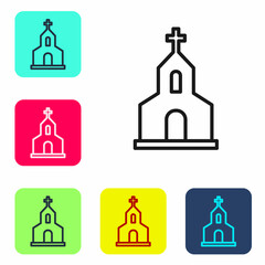 Black line Church building icon isolated on white background. Christian Church. Religion of church. Set icons in color square buttons. Vector