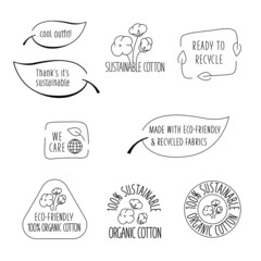 Sustainable fibers logo elements set with sign for eco friendly, natural fabric product, clothing packaging. Vector stock illustration isolated on white background.