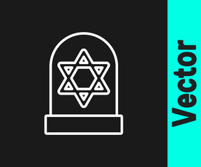 White line Tombstone with star of david icon isolated on black background. Jewish grave stone. Gravestone icon. Vector