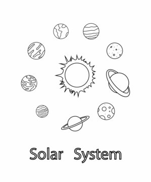 Planet icon set on white background. Contains icons such as Saturn, Jupiter, Planet Earth, and more.Doodle solar system. Celestial solar system vector icons illustration. Flat