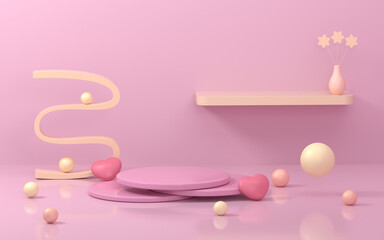 Stage and geometry with pink background, 3d rendering.