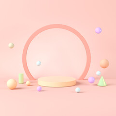 Stage and geometry with orange background, 3d rendering.