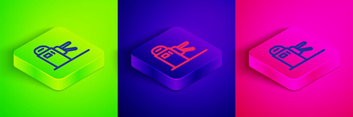 Isometric line Turnstile icon isolated on green, blue and pink background. Square button. Vector