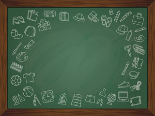 小学校で使うものの絵が描いてある黒板のフレーム　blackboard with illustrations of study tools