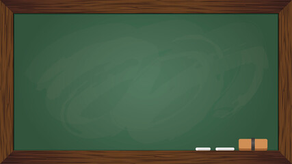 チョークと黒板消しが置いてある黒板　Blackboard, Chalk, and Blackboard Eraser