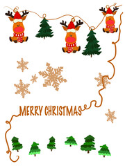 Christmas card with green trees and deer.