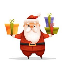 cute santa claus holding gifts in his hands. Cheerful santa. New Year's greetings. Christmas illustration isolated on white background.