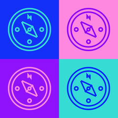 Pop art line Compass icon isolated on color background. Windrose navigation symbol. Wind rose sign. Vector