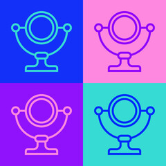 Pop art line Round makeup mirror icon isolated on color background. Vector
