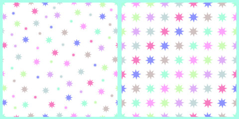 A set of vector seamless abstract patterns. Multicolored stars and shapes on a white isolated background. Illustrated in pastel colors. 
