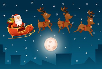 Obraz na płótnie Canvas santa claus in a sleigh flies across the sky with reindeer. night city. Christmas poster. Background for new year