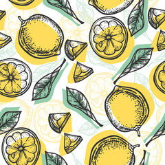 Seamless pattern of hand-drawn yellow lemons with black contour. Background from Doodle fresh citrus fruits. Vegetarian food line sketch. Endless template in modern style, vector illustration.