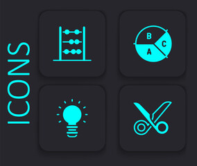 Set Scissors, Abacus, Pie chart infographic and Creative lamp light idea icon. Black square button. Vector