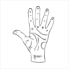  Hand reading is a concept of palmistry. Hand with signs vector illustration.