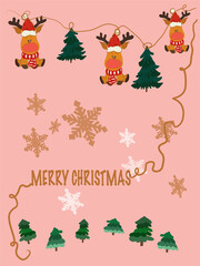 Christmas card with green trees and deer.