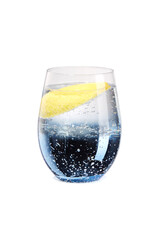 Detailed shot of a glass with a blue mirror coating. The glass is full of water with a lemon slice. The glass is isolated on the white background.