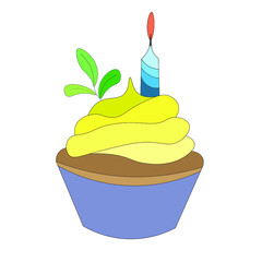 colorful festive cupcake with cream and burning candle and leaf of decoration. One confectionery, cakes and pastries.