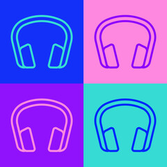 Pop art line Headphones icon isolated on color background. Earphones. Concept for listening to music, service, communication and operator. Vector