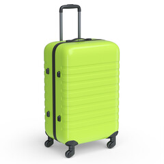 Regular green polycarbonate suitcase isolated on white background.