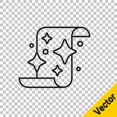 Black line Magic scroll icon isolated on transparent background. Decree, paper, parchment, scroll icon. Vector