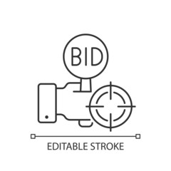 Auction sniping linear icon. Bidding competition online. Sniping software. Overbid rivals. Thin line customizable illustration. Contour symbol. Vector isolated outline drawing. Editable stroke