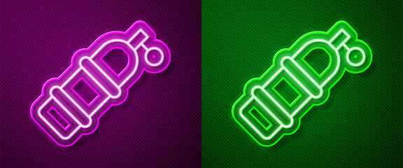 Glowing neon line Aqualung icon isolated on purple and green background. Oxygen tank for diver. Diving equipment. Extreme sport. Diving underwater equipment. Vector