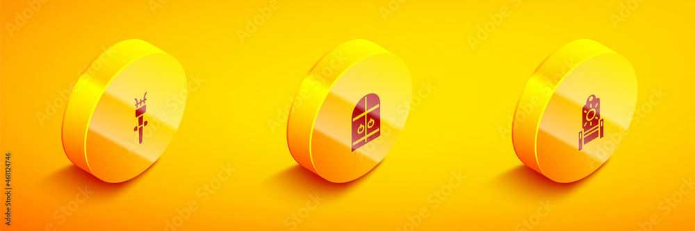 Sticker Set Isometric Torch flame, Medieval castle gate and throne icon. Vector