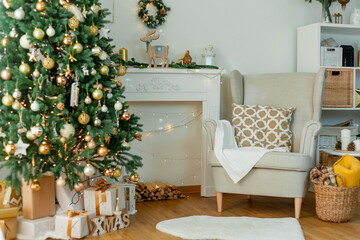 Living room with Christmas decorations. Christmas tree, gift boxes, cozy armchair, pillows, fireplace.
