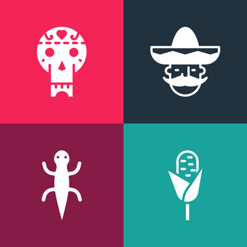 Set pop art Corn, Lizard, Mexican man sombrero and skull icon. Vector