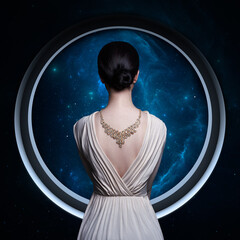 Cosmos Beauty woman stands at the porthole window looking at the stars and galaxies. Necklace...