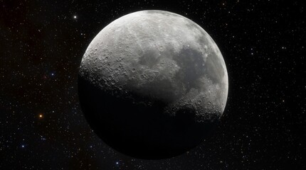 Moon in outer space against the background of stars, planets, galaxies and nebulae. Craters Surface moon satellite. 3d render