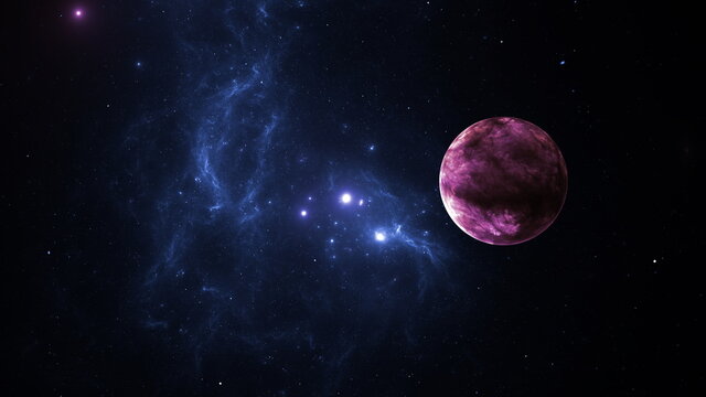 Planet in galaxy star clusters, colored gas clouds in abstract space. Outer space. Space nebula. 3d render © angel_nt